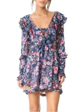 For Love & Lemons Flora Floral Long Sleeve Periwinkle Mini Ruffled Boho Dress XS